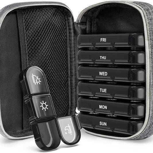 Smoky black medication organizer for vitamins and supplements