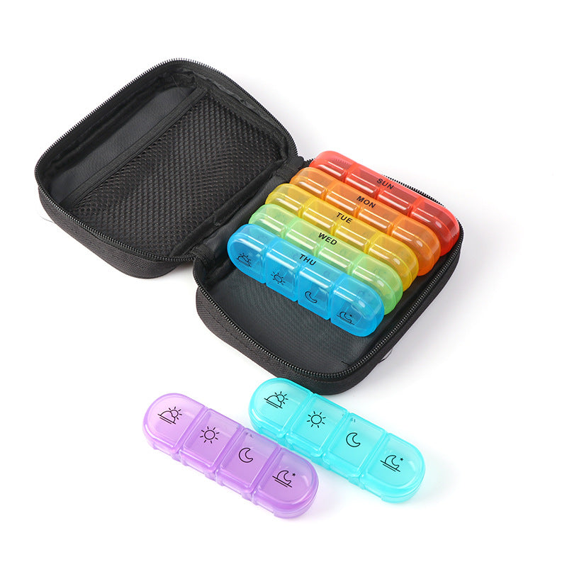 Moisture-proof daily pill container with sun and moon icons